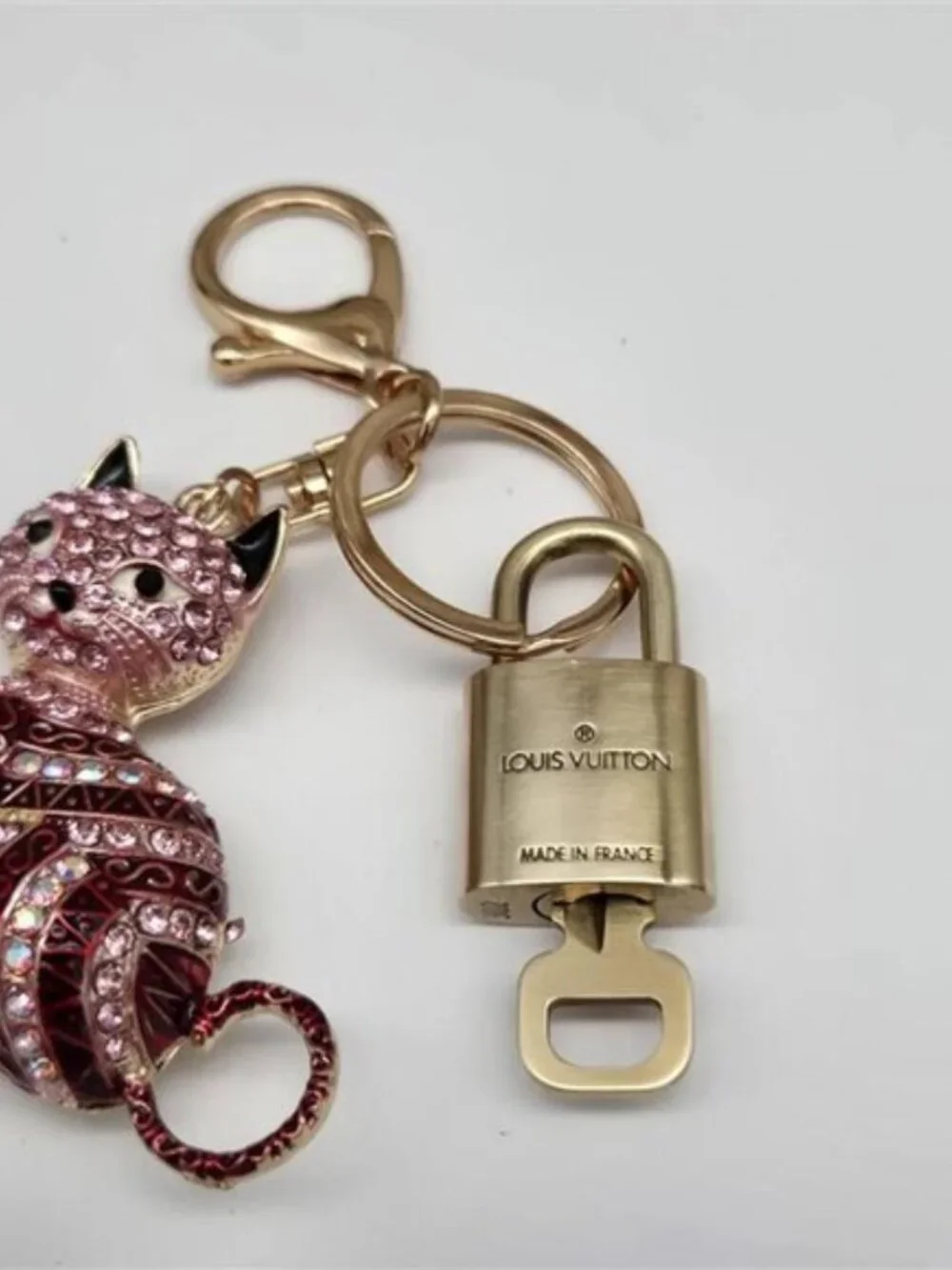 Authentic LV Gold Padlock & Key Set ✨ Luxury Bag Charm w/ Unbranded Cat Keychain